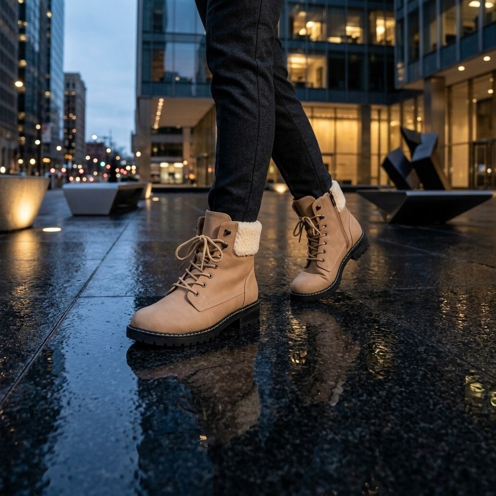 Illona Tan Faux Fur Lined Lace Up Combat Boots Women US 8.5 UK 6.5 EU 39